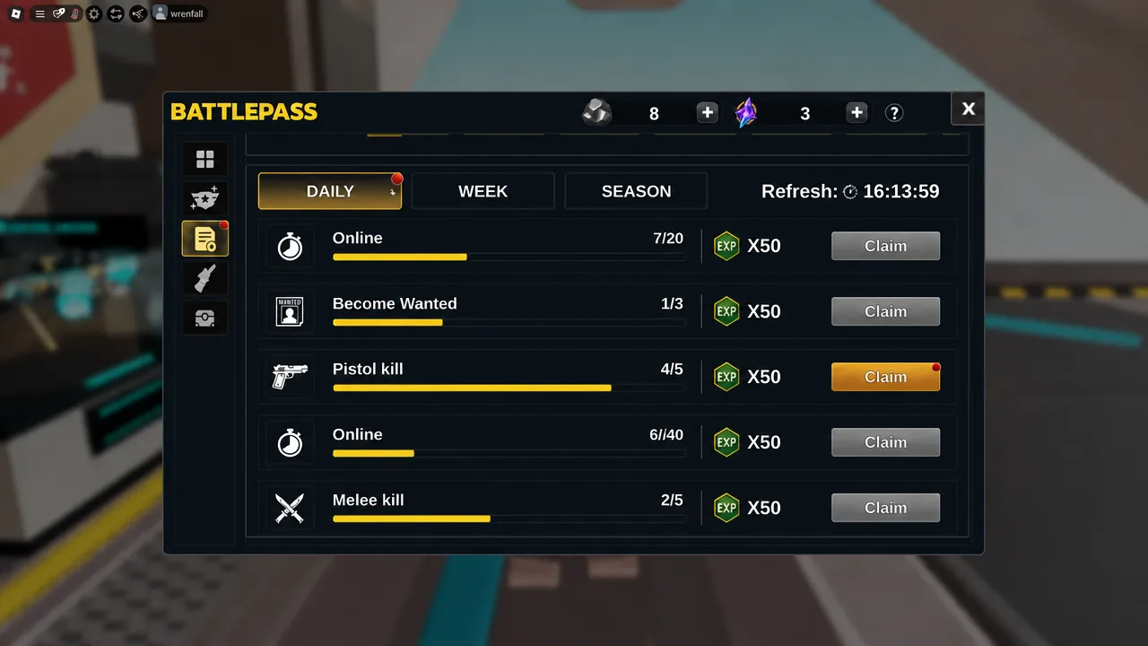 تبويب Battle Pass DAILY مع مهمة قتل بالمسدس مكتملة وزر Claim نشط
