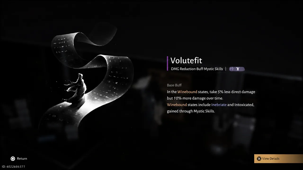 شاشة عرض التفاصيل (View Details) التي تعرض طريقة Volutefit الداخلية (Inner Way) ووصف تعزيزها (buff).