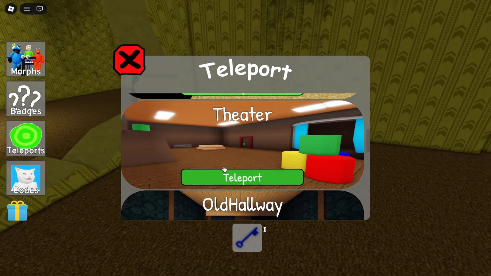 قائمة Teleport مفتوحة مع تحديد وجهة المسرح وزر Teleport الأخضر جاهز