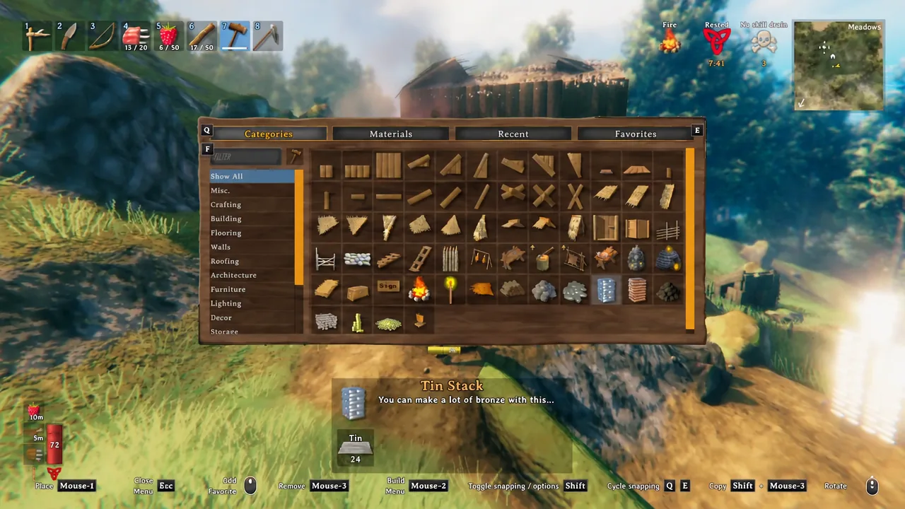 قائمة البناء في <a href='https://www.dztecs.com/gaming/valheim-review/'/>Valheim مفتوحة على فئة Show All مع تحديد قطعة مكدسة وعرض تكاليفها