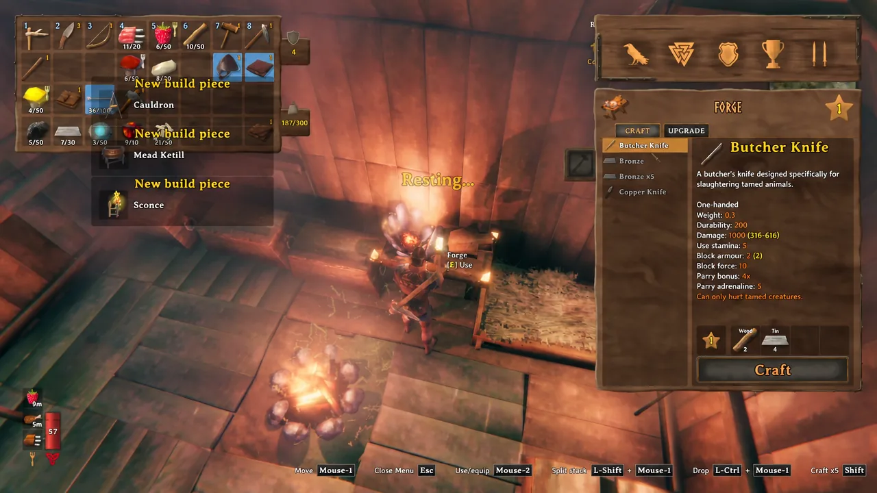 شاشة تصنيع Forge في Valheim مع تمييز Butcher Knife وزر Craft نشط
