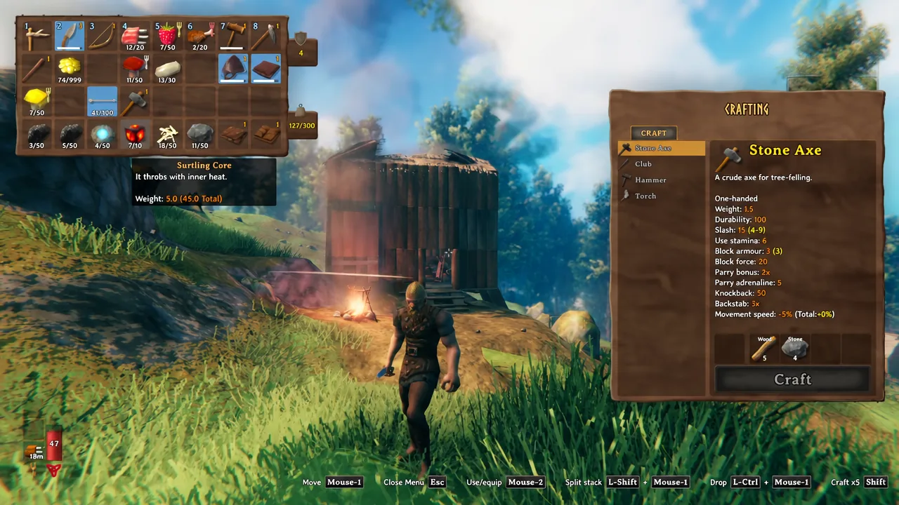 قائمة التصنيع في Valheim مع تحديد فأس الحجر وزر Craft متاح