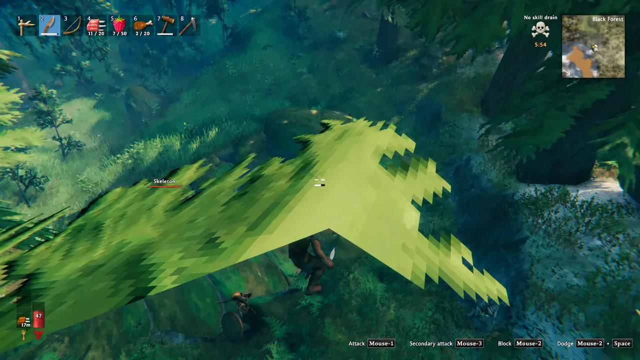 لاعب يقاتل هيكلاً عظمياً في الغابة السوداء مع تحديد الخانة الثانية في شريط الأدوات