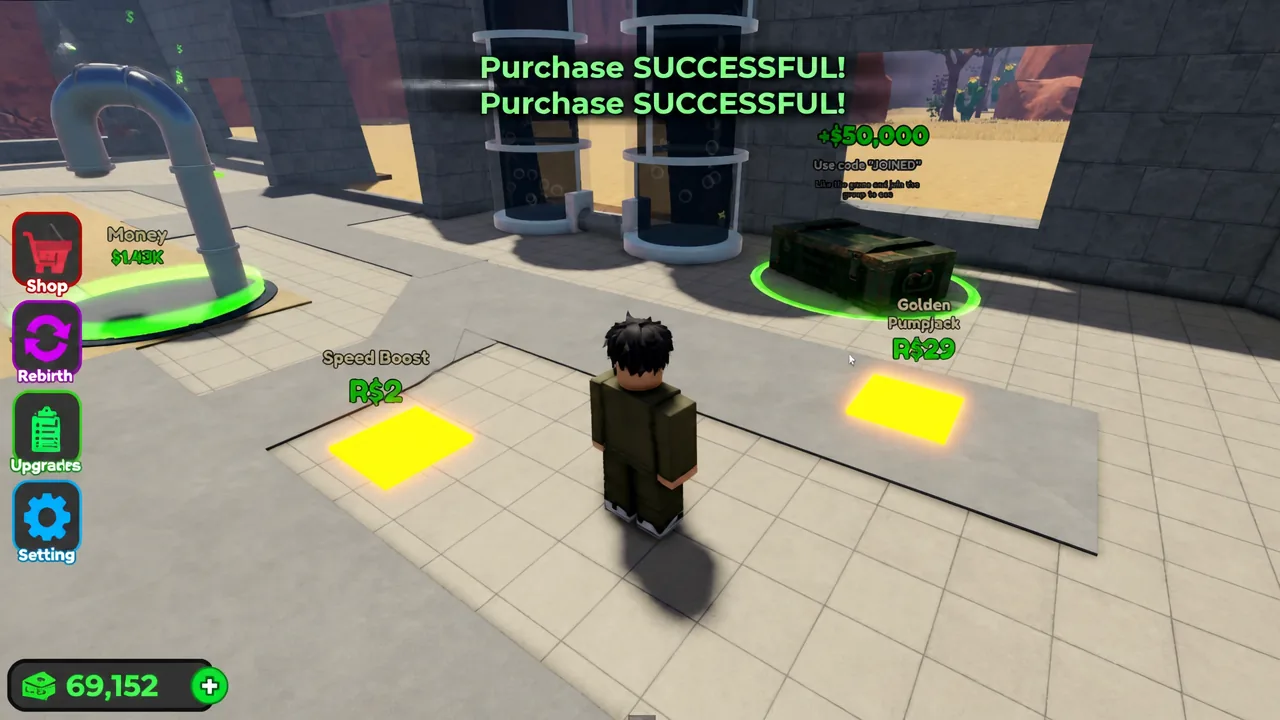 إشعار "Purchase SUCCESSFUL" يؤكد شراء مضخة ذهبية