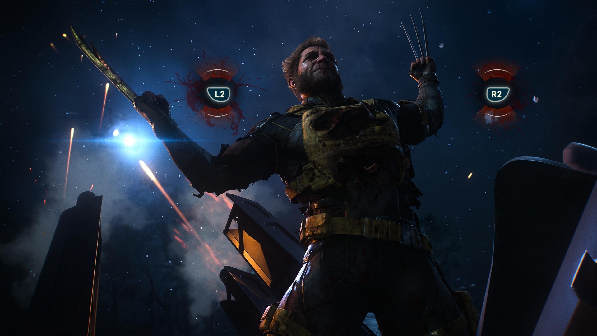 Wolverine يرفع مخالبه تحت نيران مروحية، مع ظهور رمزي L2 Und R2 فوقه في Marvel's Wolverine