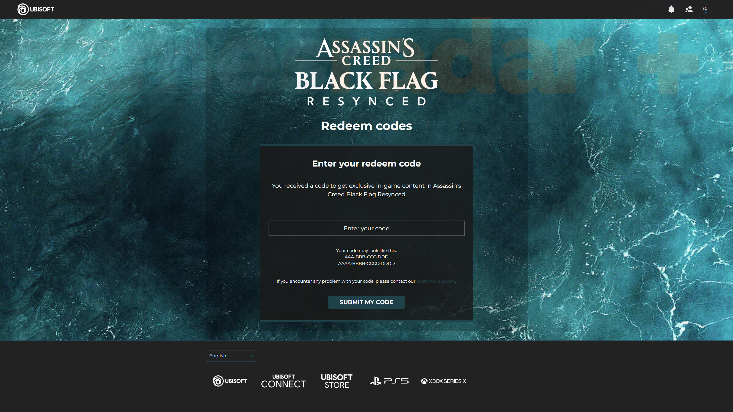 موقع Ubisoft الإلكتروني المستخدم لاسترداد أكواد Black Flag Resynced