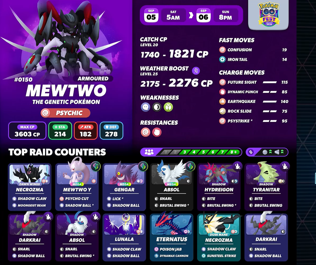بوكيمون جو Armored Mewtwo: المضادات، نقاط الضعف، وأفضل مجموعات الهجمات