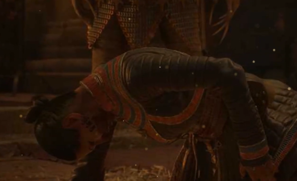 صورة توضيحية للعبة The Blood of Dawnwalker تظهر كيفية إنقاذ لاكرا باستخدام درع الماندريك