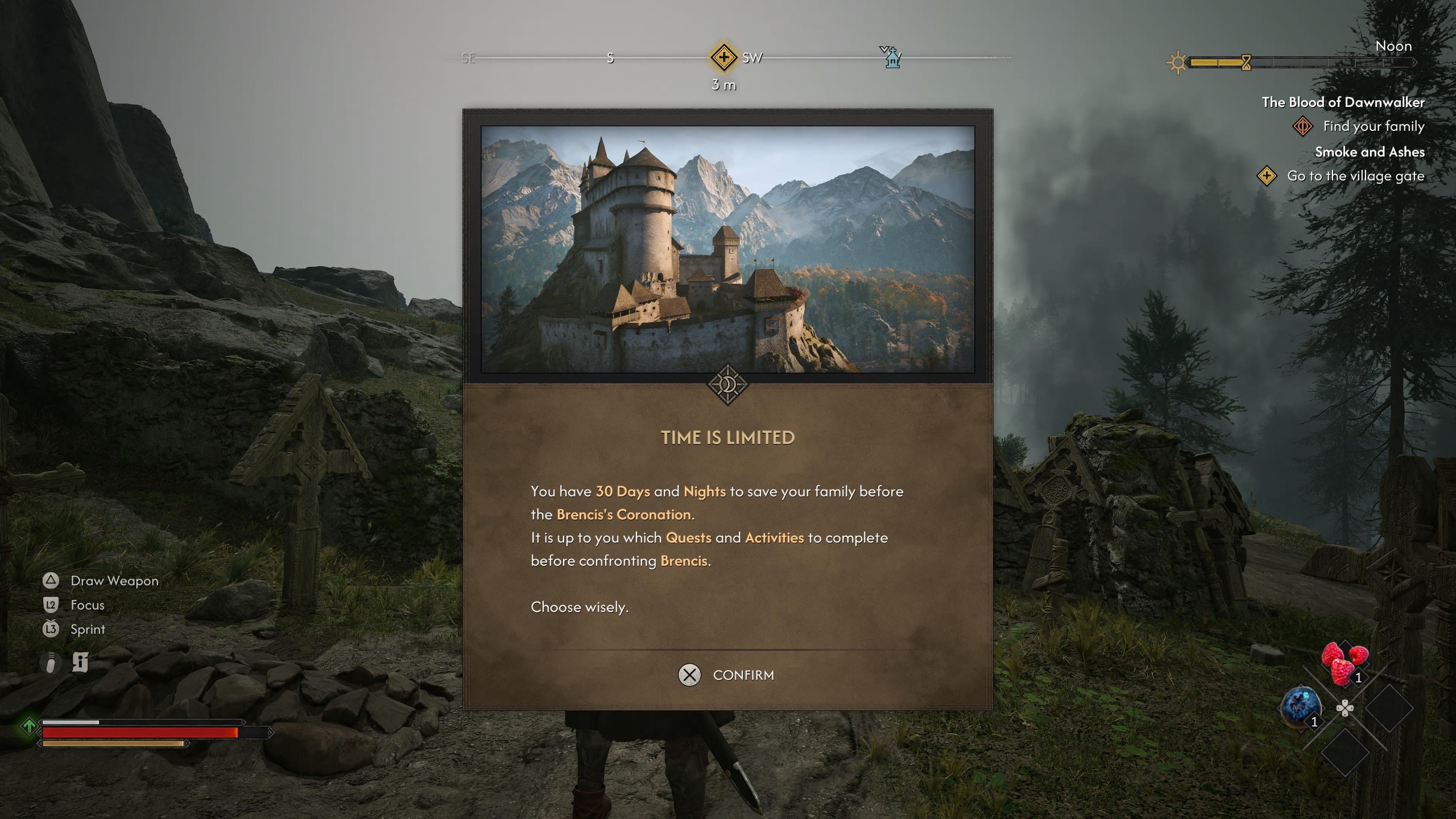 لقطة شاشة من لعبة The Blood of Dawnwalker تُظهر آلية الوقت في اللعبة