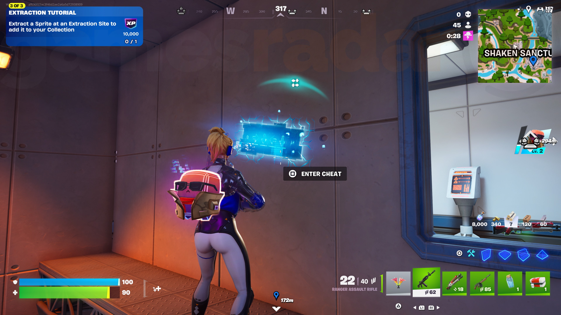 التفاعل مع أحد أكواد الغش في Fortnite وهو يتوهج على الحائط لإدخال الرمز.