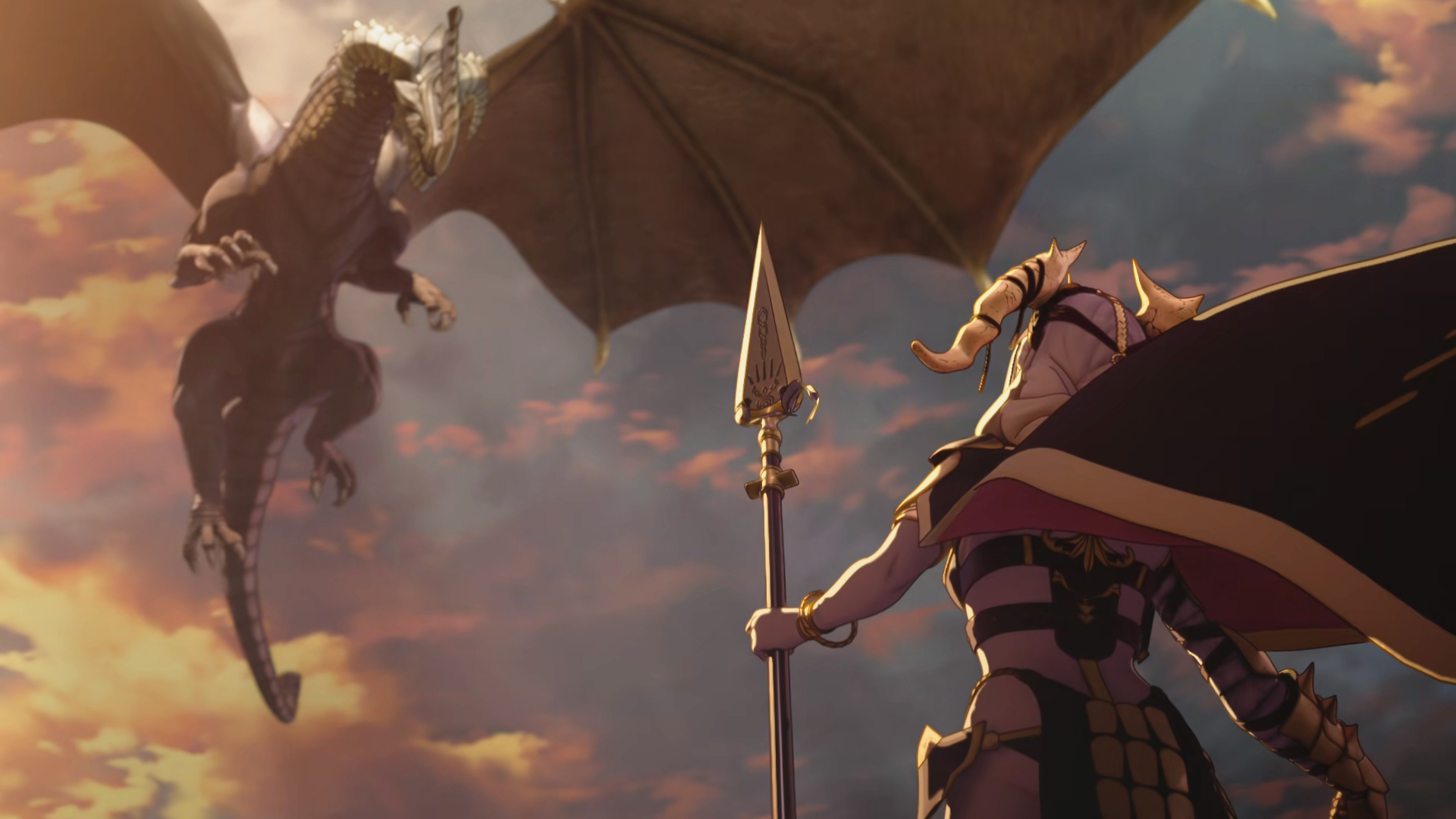ثيودورا تحمل رمحًا في Fire Emblem: Fortune's Weave وتنظر إلى تنين