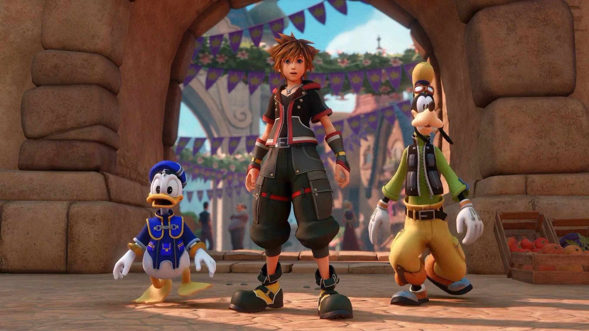 صورة من Kingdom Hearts 3 تظهر دونالد وسورا وغوفي