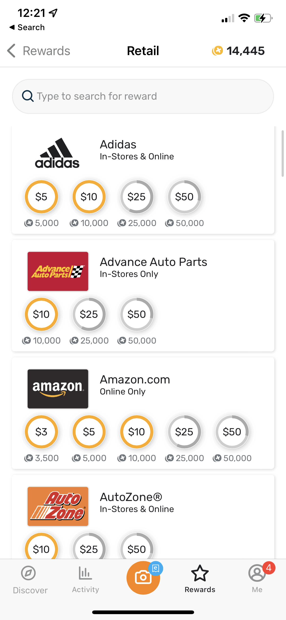 بعض خيارات استرداد بطاقات هدايا Fetch Rewards.