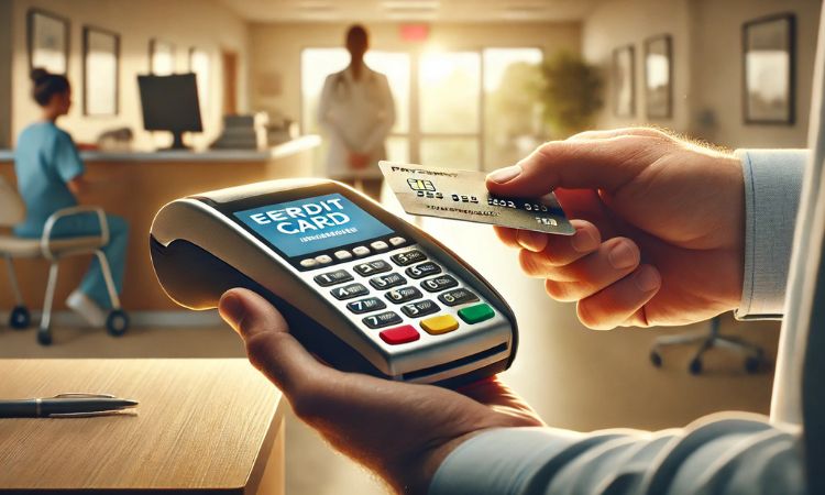 شخص يدفع فاتورة طبية طارئة ببطاقة ائتمان في مكتب استقبال المستشفى، مما يثير التساؤل - هل يجب أن يكون لدي عدة بطاقات ائتمان للنفقات غير المتوقعة؟