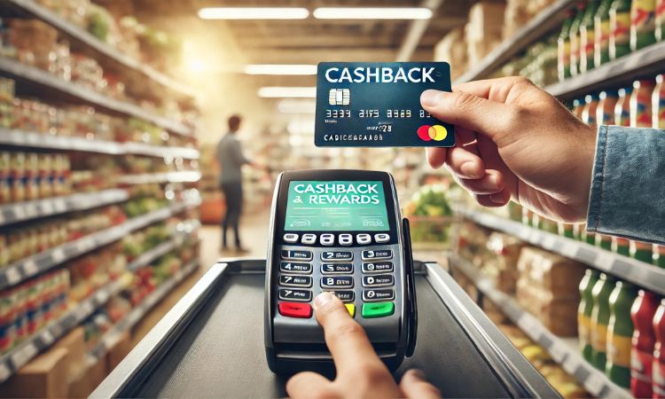 شخص يستخدم بطاقة ائتمان في سوبر ماركت، مع عرض مزايا استرداد النقود والمكافآت، مما يجعل الناس يتساءلون - هل يجب أن أحصل على عدة بطاقات ائتمان لتحقيق أقصى قدر من التوفير؟
