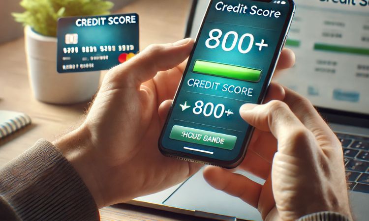 شخص يتحقق من علامته الائتمانية على هاتف ذكي بينما يحمل بطاقة ائتمان، مما يسلط الضوء على سبب تساؤل الكثيرين - هل يجب أن يكون لديّ عدة بطاقات ائتمان لتحسين الائتمان؟