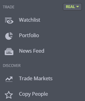 الأقسام الرئيسية من eToro