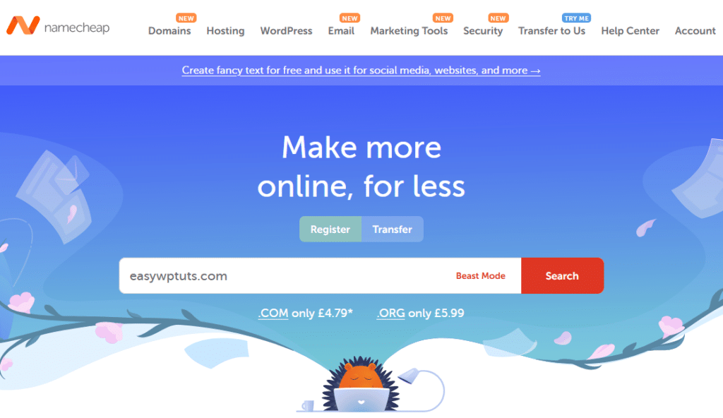 لقطة شاشة للبحث عن نطاق في Namecheap