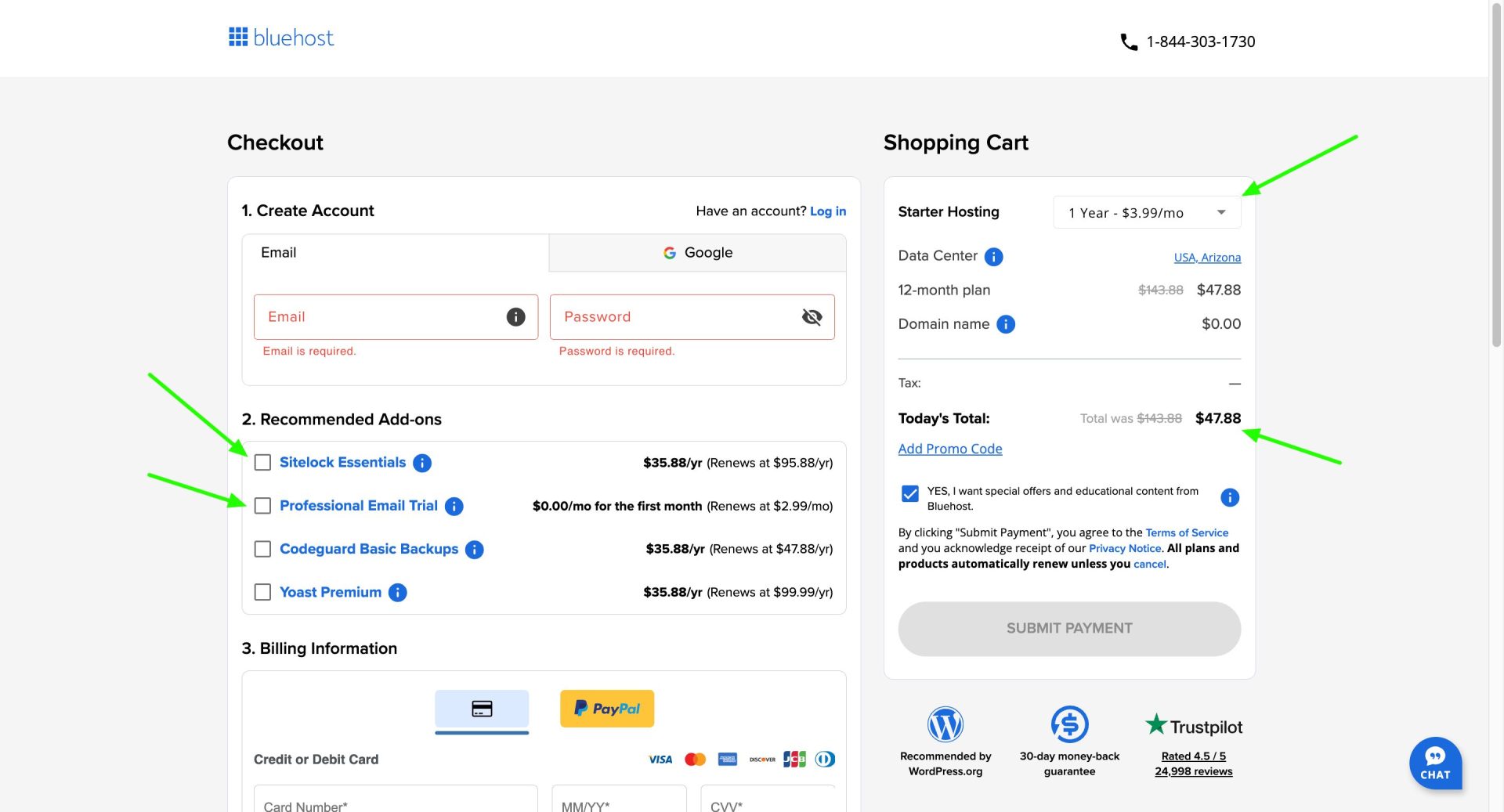 شاشة الدفع الجديدة في Bluehost