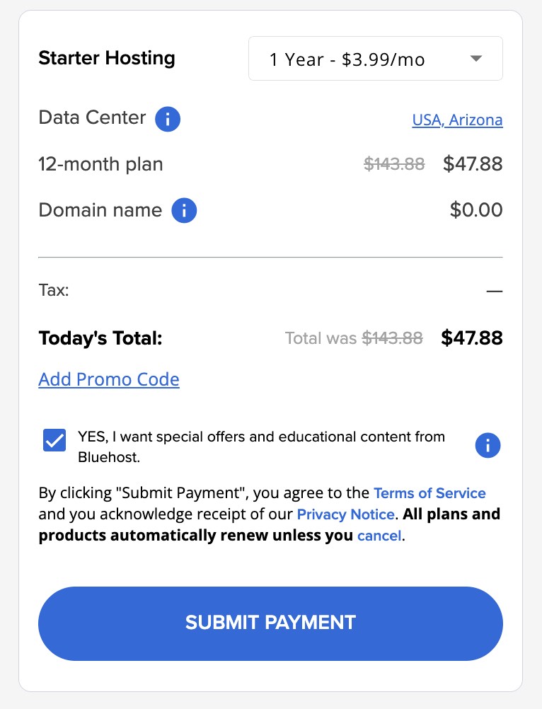 إرسال الدفع في Bluehost