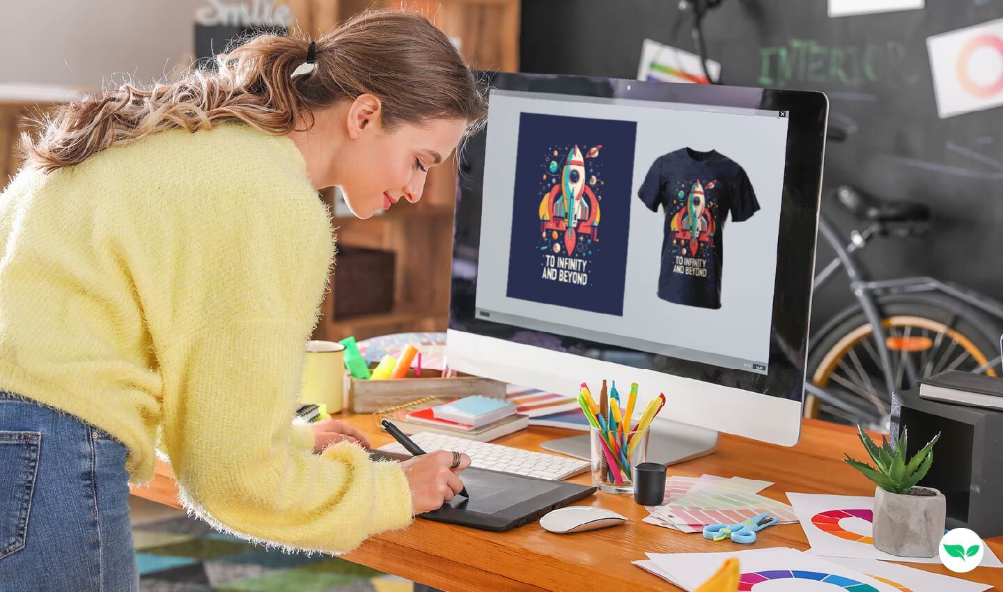 Una donna progetta grafiche per magliette alla sua scrivania, preparando prodotti digitali per la vendita con stampa su richiesta.
