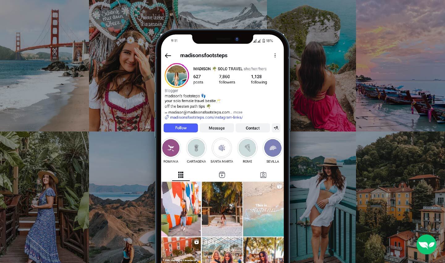 Un poster che mostra il profilo Instagram di Madison e foto di viaggio da luoghi come l'Italia e il Sud-est asiatico: un'istantanea visiva del suo approccio più rilassato e personale ai contenuti.