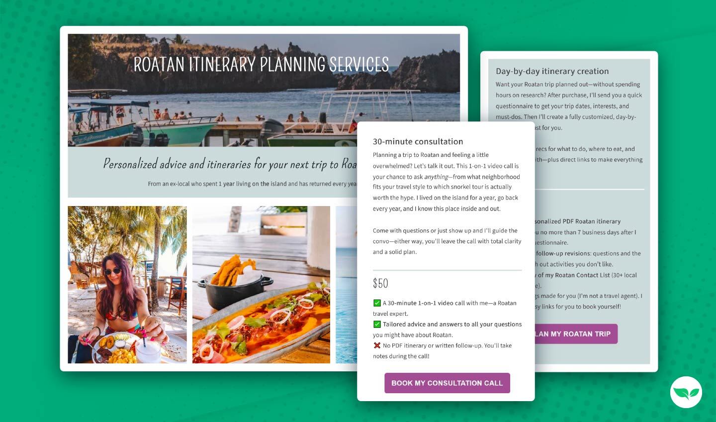Uno screenshot dei servizi di pianificazione di itinerari a Roatan offerti da Madison Craigbaum, che includono consulenze individuali e piani di viaggio personalizzati.