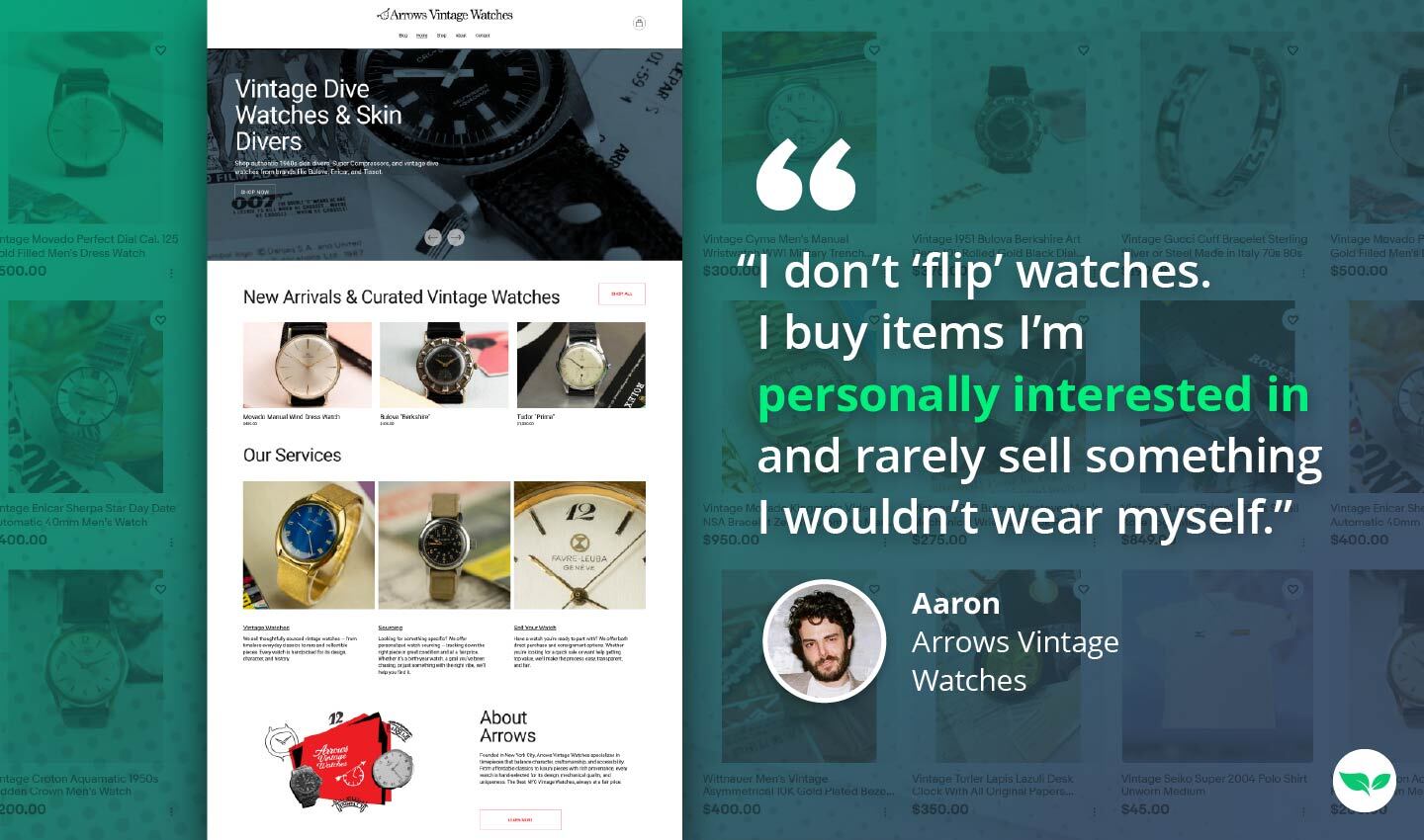 لقطة شاشة لموقع Arrows Vintage Watches تعرض قوائم ساعات عتيقة منسقة واقتباسًا من آرون حول شراء الساعات التي يفضل ارتداءها شخصيًا.
