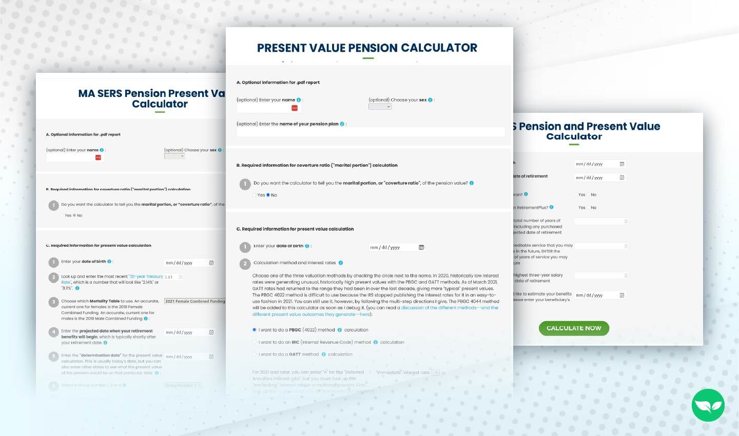 Una raccolta di schermate dei calcolatori per la valutazione delle pensioni di ValueYourPension.com, che mostrano i campi di input dettagliati per età, pensionamento, tassi di interesse e tabelle di mortalità.