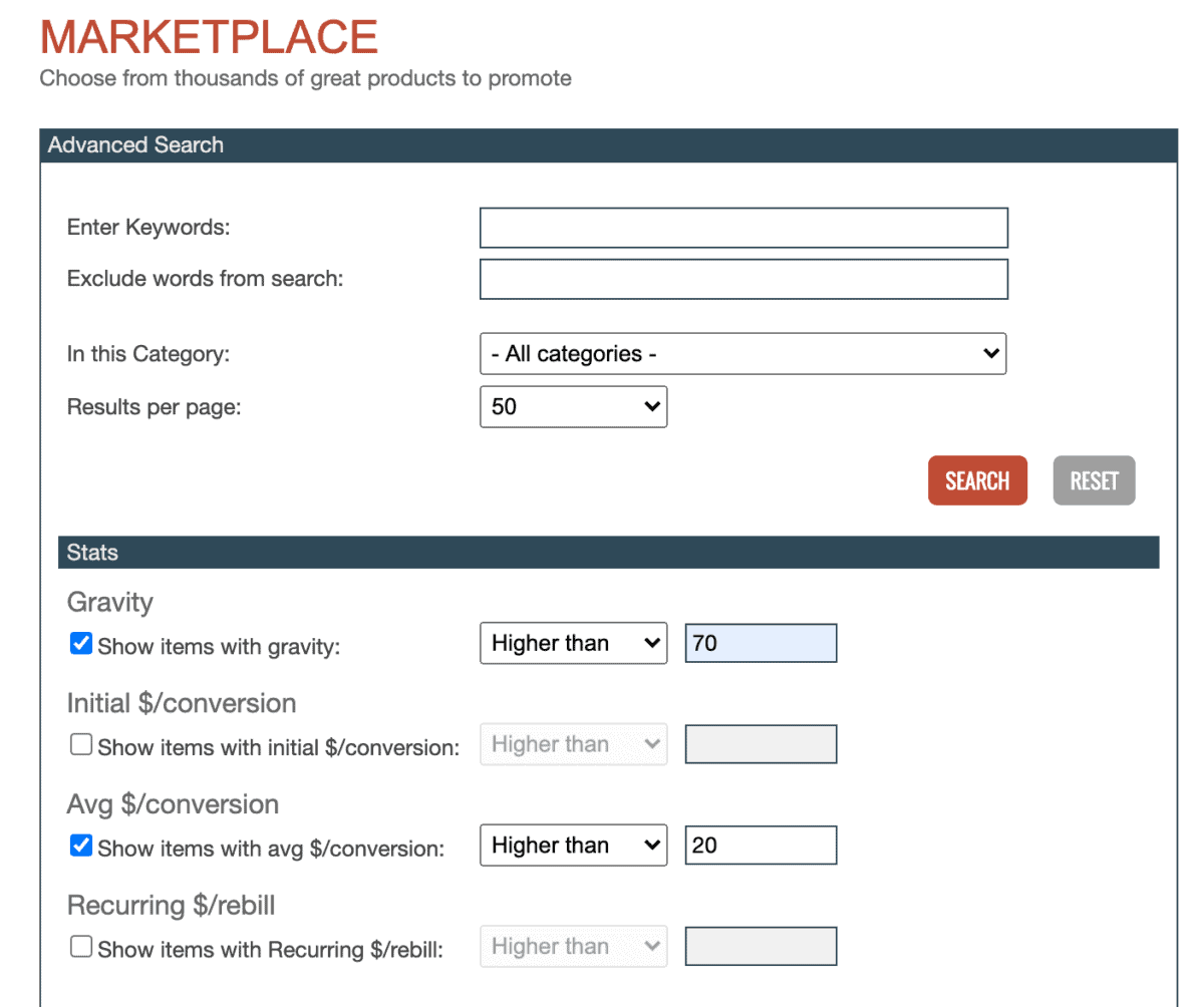 لقطة شاشة من سوق ClickBank