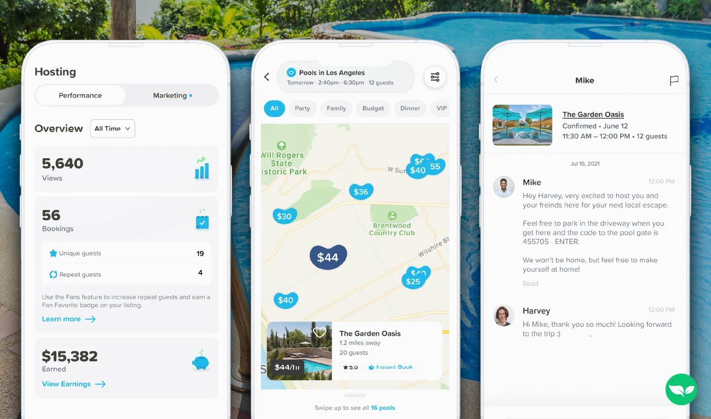 Una raccolta di screenshot che mostrano il pannello di controllo dell'host nell'app Swimply, la mappa con l'elenco delle piscine e l'interfaccia di messaggistica per gli ospiti.