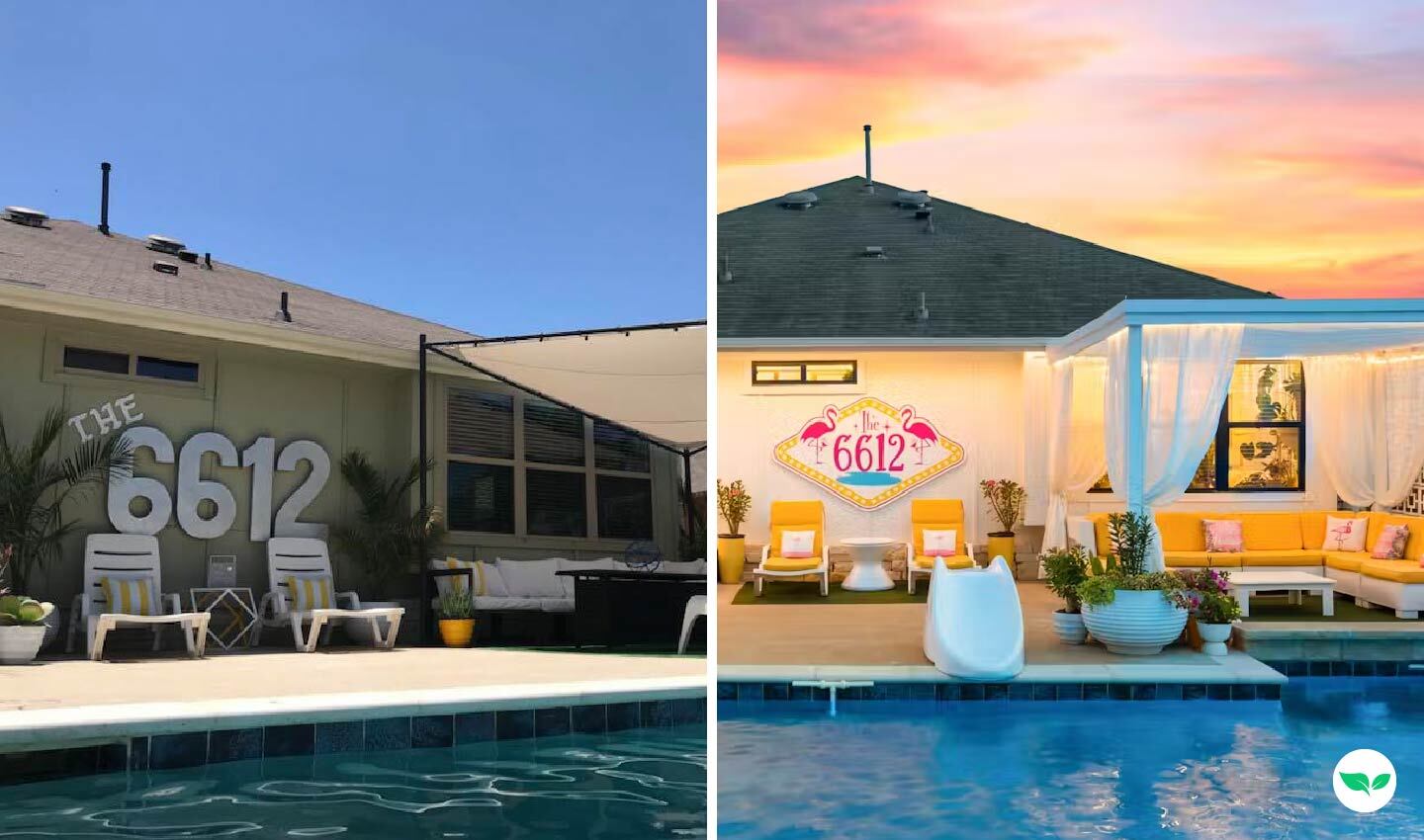 Un confronto affiancato che mostra la configurazione originale della piscina Crayle & Joy 6612 rispetto alla loro area rinnovata, pronta per eventi, con cabine e arredi migliorati.