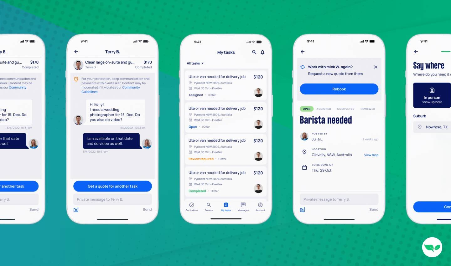 Una raccolta di screenshot dell'interfaccia dell'app Airtasker che mostrano la gestione delle attività, la chat e la pubblicazione di annunci di lavoro.