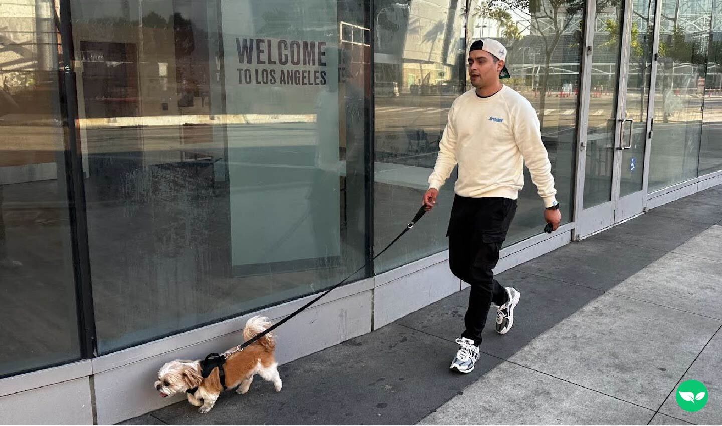 Martin de Anda porta a spasso un cagnolino su un marciapiede di Los Angeles.