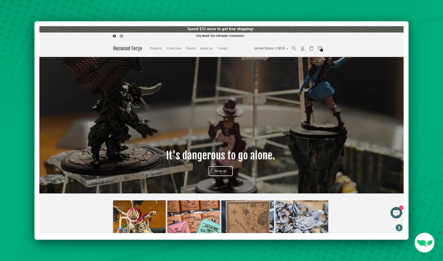 Screenshot del sito web del negozio Hexwood Forge