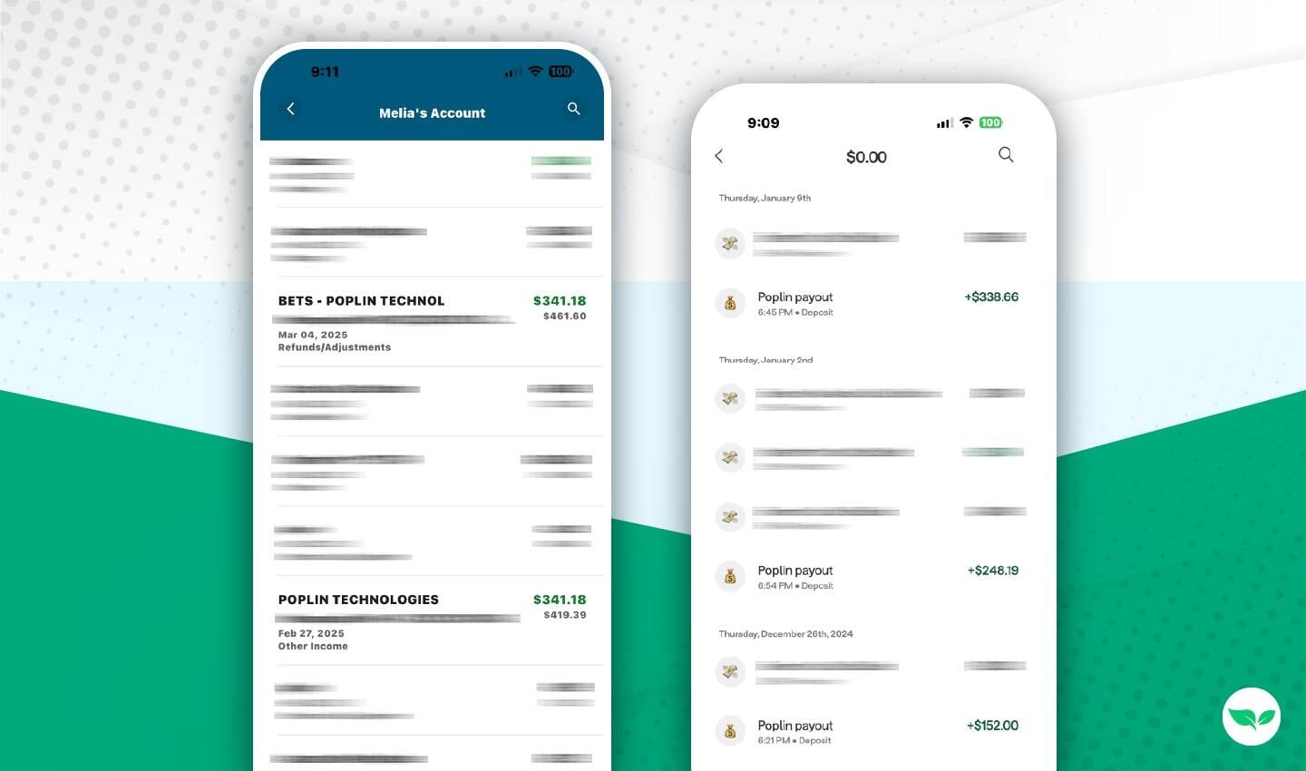 Gli screenshot mostrano pagamenti e depositi bancari di Melia Long da parte di Poplin per un importo superiore a 300 dollari.