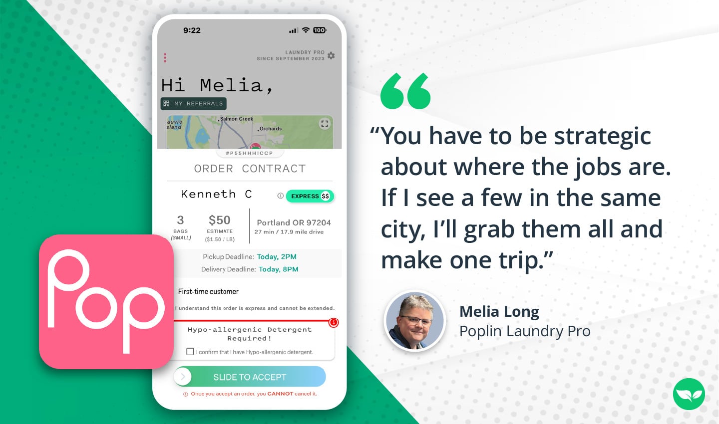 Una schermata di un ordine di lavanderia Poplin su un telefono Meliá che mostra il numero di sacchi, l'importo stimato da pagare e i dati del cliente.