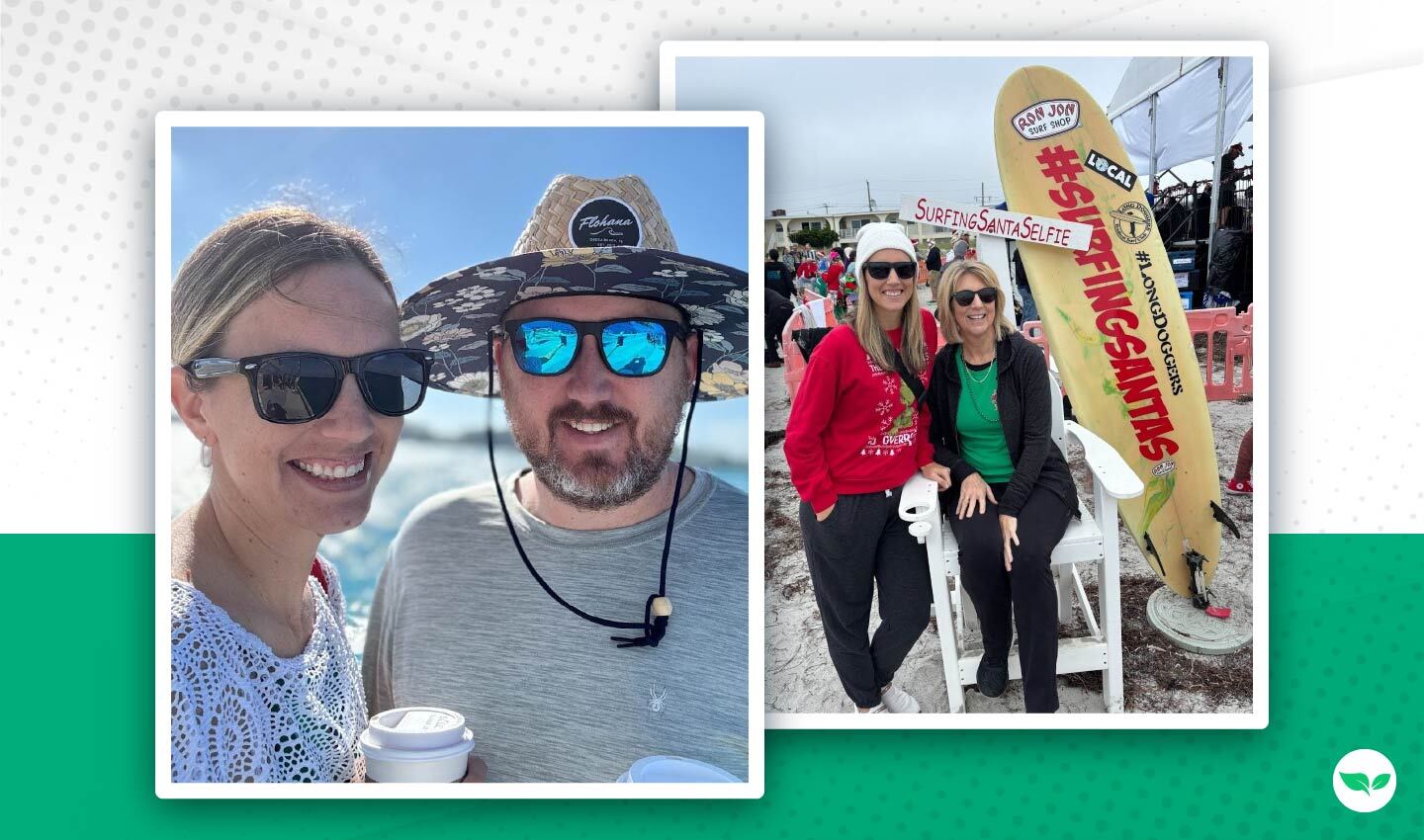 Foto affiancate di Emily con suo marito all'aperto e di sua madre all'evento in spiaggia "Santa Surf".