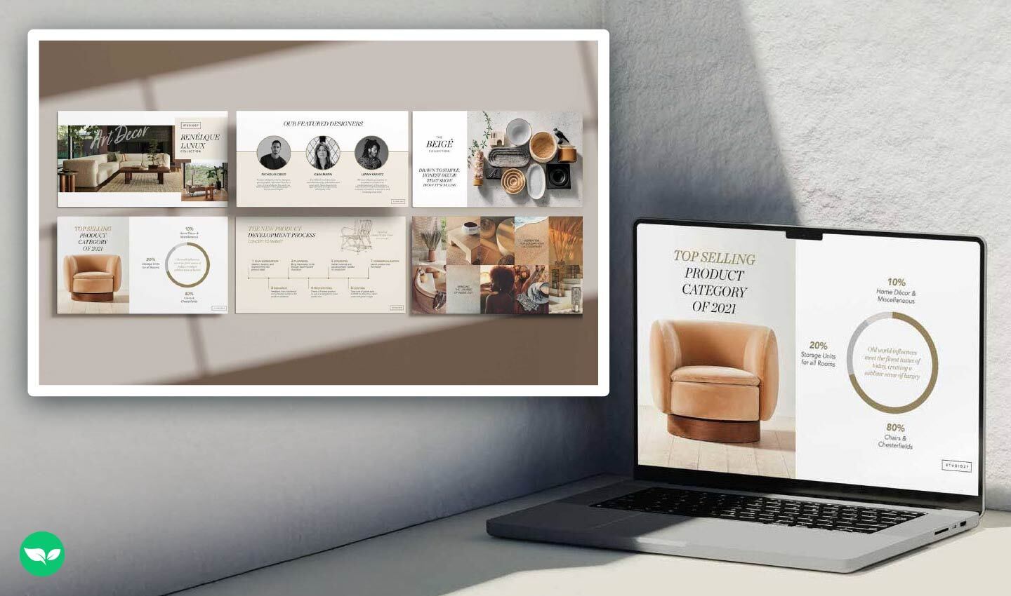 Su una scrivania, un computer portatile mostra una diapositiva di presentazione dallo stile lussuoso, che raffigura una poltrona beige e i dettagli della ripartizione per categoria di vendita; all'interno, è visibile il layout completo della presentazione con diapositive relative al marchio e al design del prodotto.