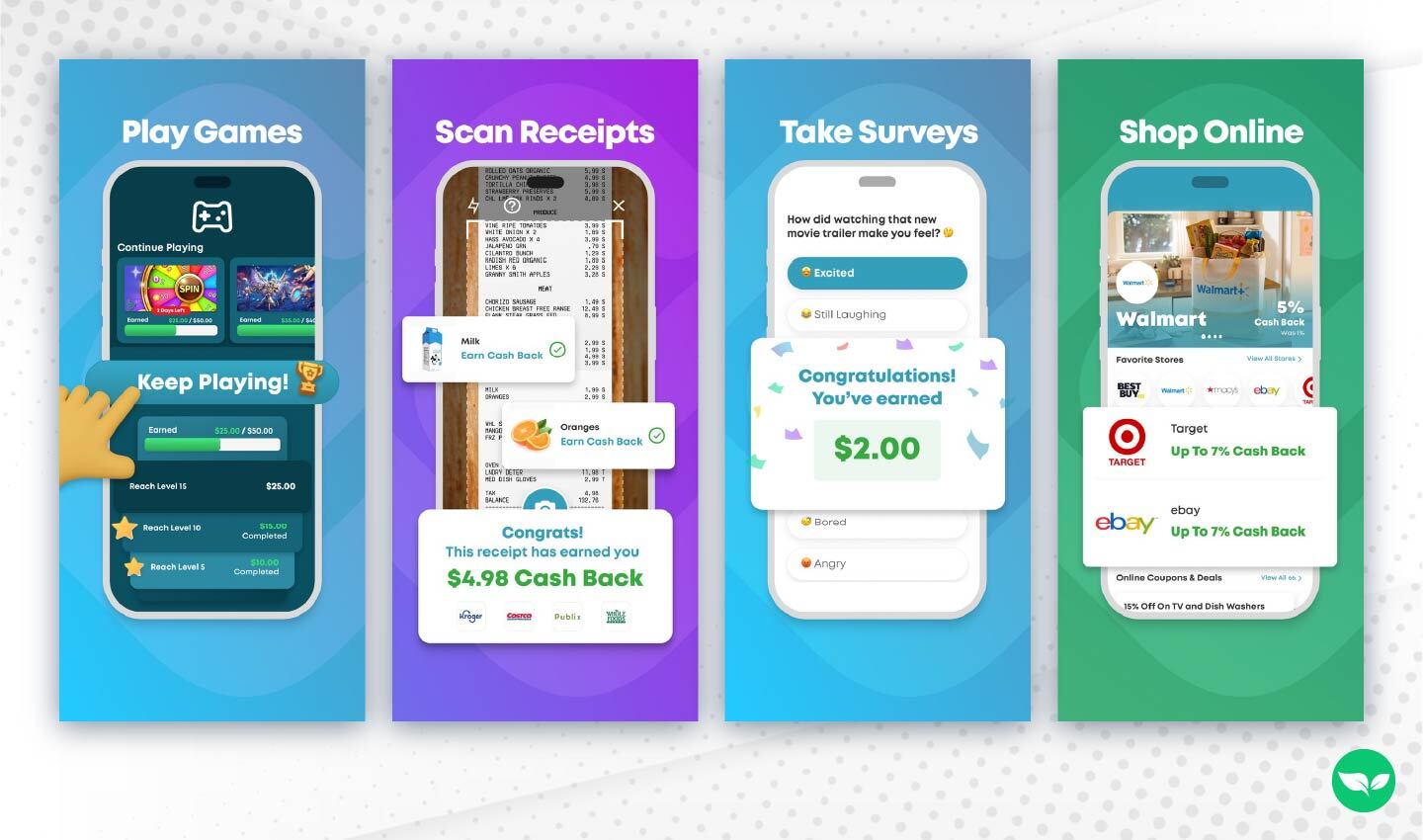 Un'anteprima dell'app Swagbucks sull'App Store mostra quattro modi per guadagnare punti: giocare, scansionare scontrini, partecipare a sondaggi e fare acquisti online.