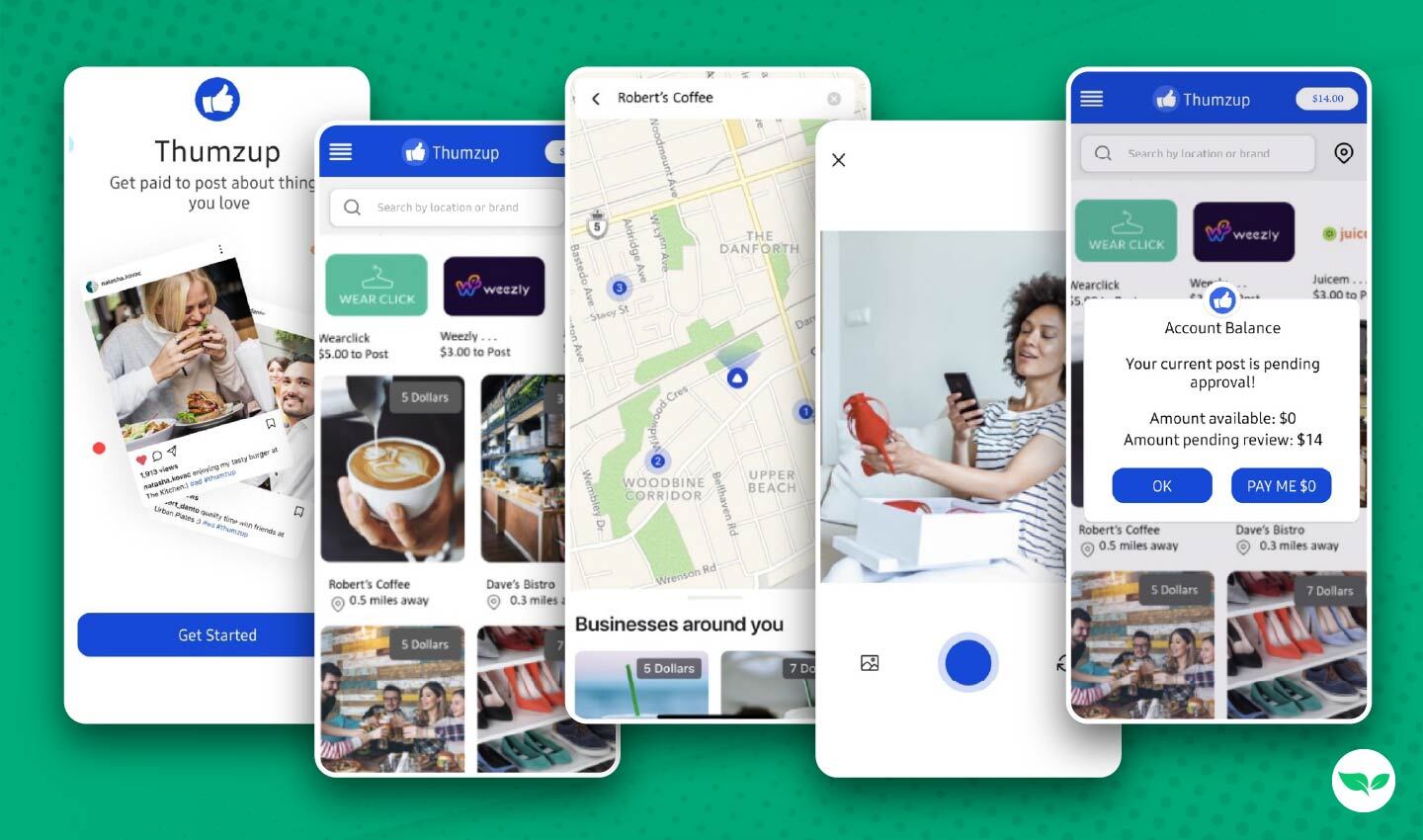 Gli screenshot dell'app Thumzup mostrano l'interfaccia utente, l'elenco delle attività commerciali e il sistema di pagamento.