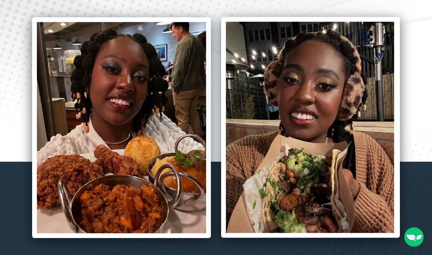 Iman Weems sta portando un piatto di pollo fritto, purè di patate e altri contorni in un ristorante.