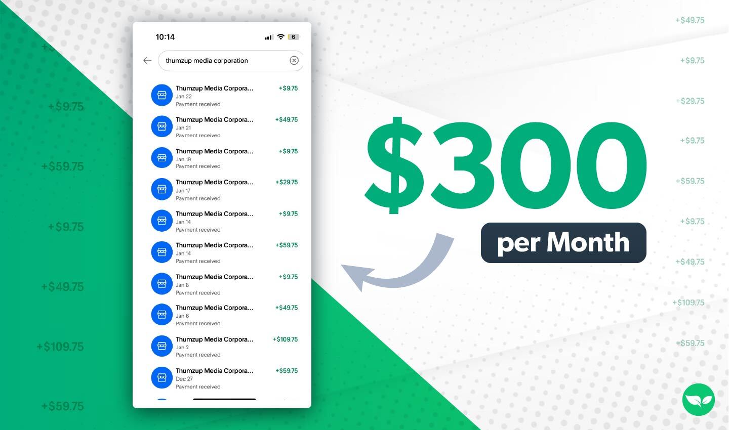 Uno screenshot dei guadagni di Iman Weems da Thumzup mostra diversi depositi PayPal che vanno da $9.75 a $109.75.
