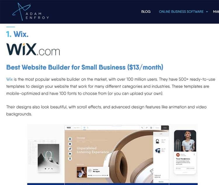 لقطة شاشة لمنشئ Wix