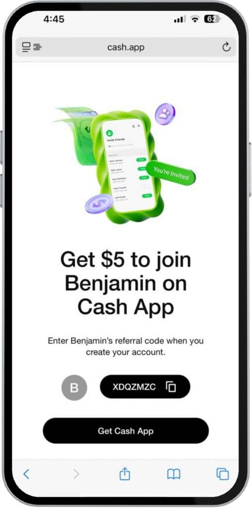 شاشة التسجيل في Cash App تعرض عرض مكافأة بقيمة 5 دولارات ورمز الإحالة XDQZMZC