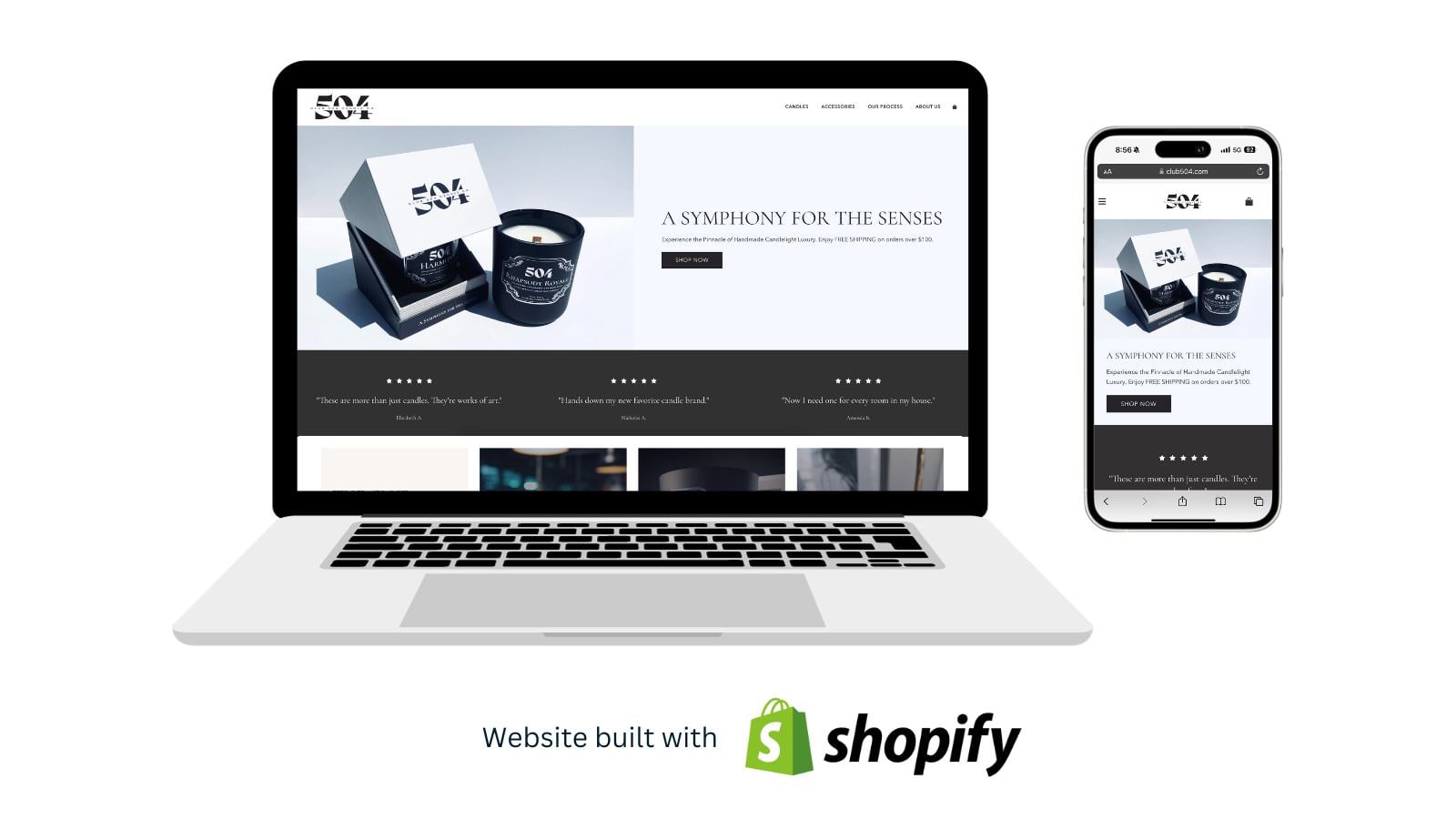 تصميمات أولية (Mockups) لموقع Club 504 على أجهزة الكمبيوتر المحمول والآيفون، تم بناؤه باستخدام Shopify