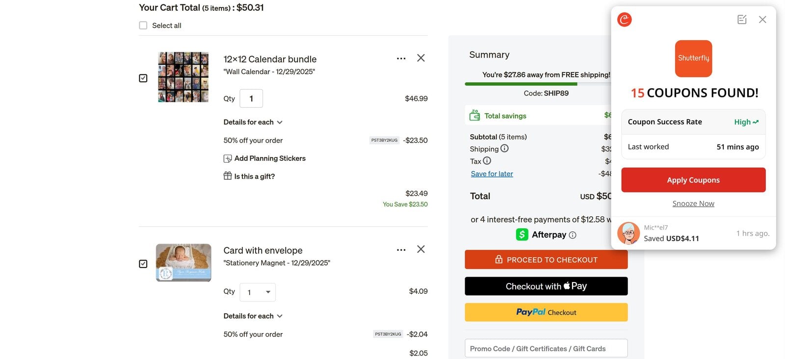 La extensión de navegador Coupert muestra 15 cupones disponibles que se han encontrado y están listos para aplicarse durante el proceso de pago en Shutterfly.