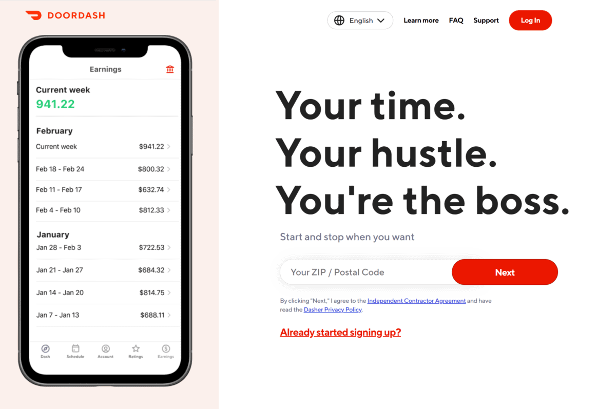 صفحة هبوط توظيف سائقي DoorDash