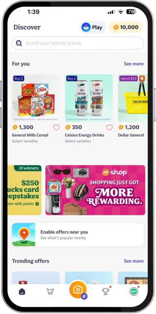 تطبيق Fetch Rewards يعرض عروض النقاط المتاحة مثل حبوب General Mills، ومشروبات الطاقة Celsius، وعروض Dollar General الترويجية