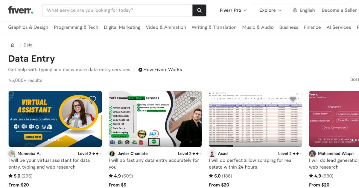 وظائف إدخال البيانات على Fiverr
